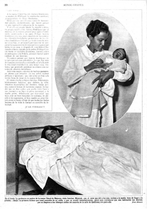 Artículo de la revista Mundo Gráfico que reproduce una fotografía de la funcionaria y matrona Catalina Mayoral con el recién nacido, y otra de la madre acostada (11/10/1933).