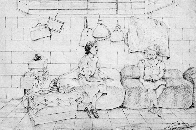 Dibujo de Mercedes Núñez Targa realizado en la cárcel de Ventas, 1940. A la izquierda, Justa Freire; a la derecha, Rafaela González Quesada (Rafita). En la esquina inferior derecha, su firma como "Mercè Núñez". (Eliminar). Archivo de la Fundación Ángel Llorca. Legado Justa Freire.