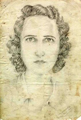 Autorretrato a lápiz de Mercedes Núñez Targa, realizado en Ventas en 1941. Archivo de Pablo Iglesias Núñez.