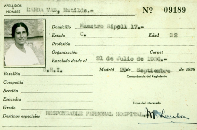 Ficha de Matilde Landa como responsable del Socorro Rojo Internacional, 1936. P.S. CDMH.