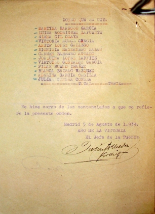 Orden de entrega al piquete de ejecución, incluida en el expediente de Pilar Bueno Ibáñez, con los nombres de las Trece Rosas, 05/08/1939. Archivo General  del ministerio del Interior.