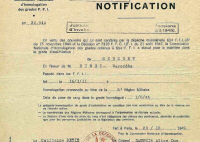 Notificación de la concesión del grado de sargento de la Résistance, 20/12/1949. Archivo de Pablo Iglesias Núñez.
