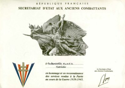 Diploma de reconocimiento de Mercedes como combatiente de la Résistance. Archivo de Pablo Iglesias Núñez.