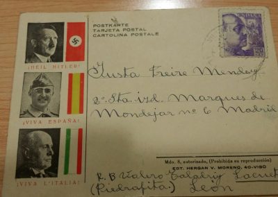 Tarjeta postal circulada el 2 de diciembre de 1939 a Justa Freire, al sótano 2ª izda. sede de la escuela de menores o de Santa María. Legado Justa Freire. Fundación Ángel Llorca